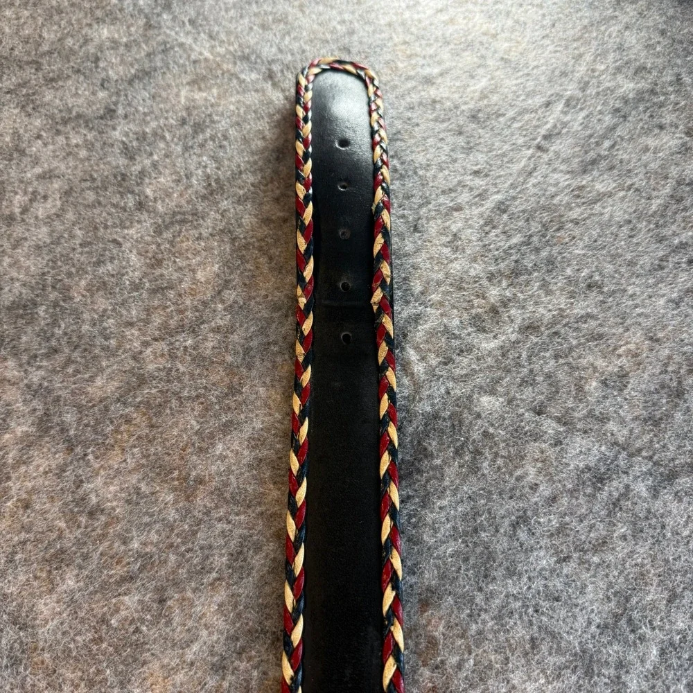 Leather Belt Women 38 Cowhide Leather Black Red White Blue Braided Trim Western